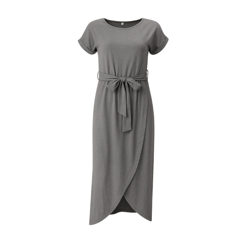 Robe Été Courte Manches Courtes avec Ceinture Tailleur