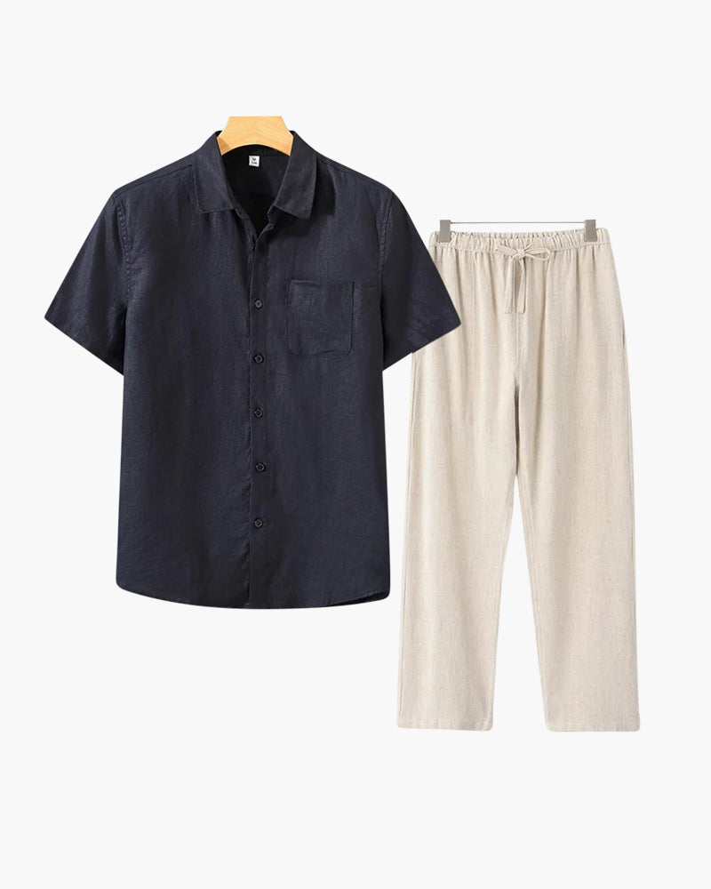 Costume Lin homme Lin léger avec chemise courte et pantalon été
