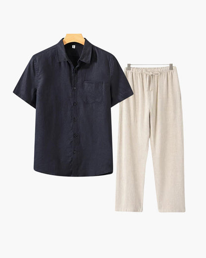 Costume Lin homme Lin léger avec chemise courte et pantalon été