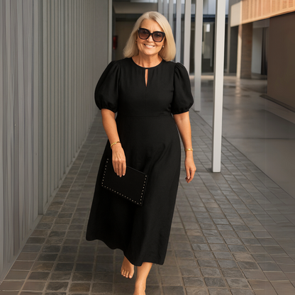 Robe Midi Femme Col en V Manches Bouffantes Fluide