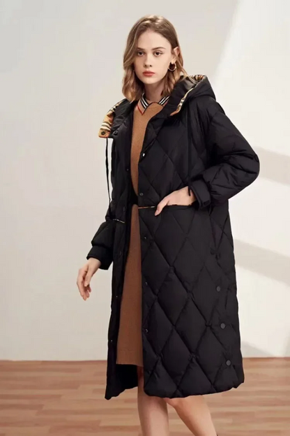Manteau femme long à capuche avec doublure chauffante