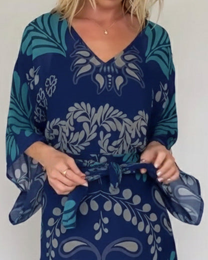 Robe Maxi Femme Imprimé Feuilles Col V Style Bohème