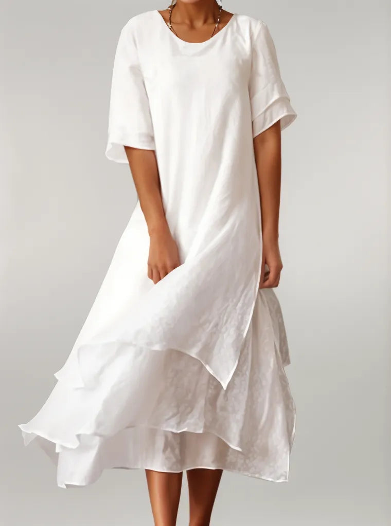 Robe Longue Femme Coton Fluide Col Rond Manches Courtes