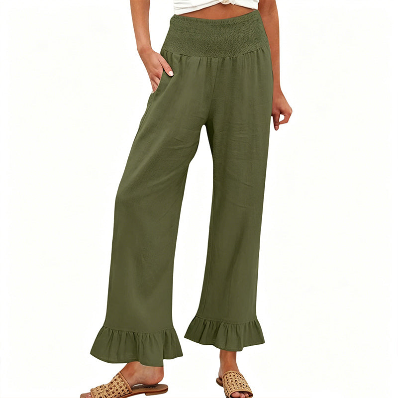 Pantalon Large Femme Coton Lin Taille Smock Volants Bas Boho
