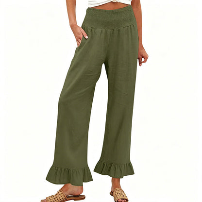 Pantalon Large Femme Coton Lin Taille Smock Volants Bas Boho