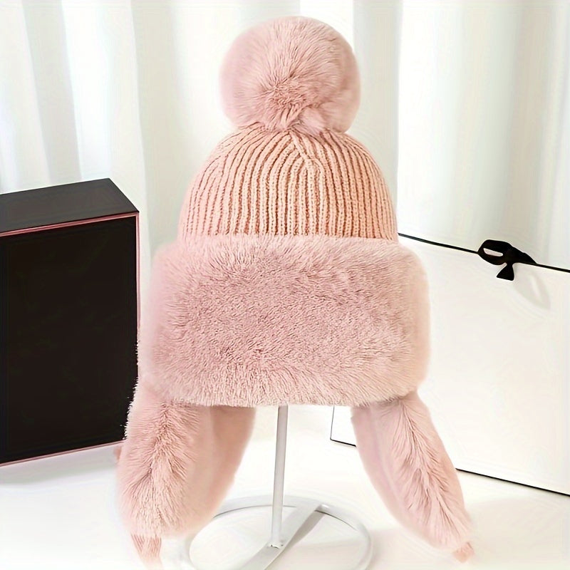 Bonnet Femme Hiver Chaud avec Oreilles Protégées et Pompon Coloré