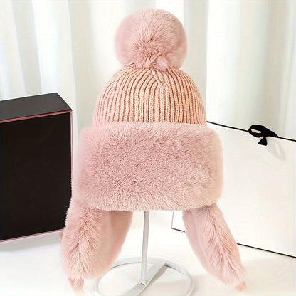 Bonnet Femme Hiver Chaud avec Oreilles Protégées et Pompon Coloré