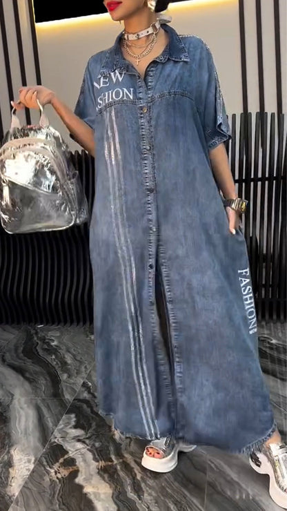 Robe Longue Femme Denim Tencel Boutonnée Coupe Décontractée - PanierRoyale