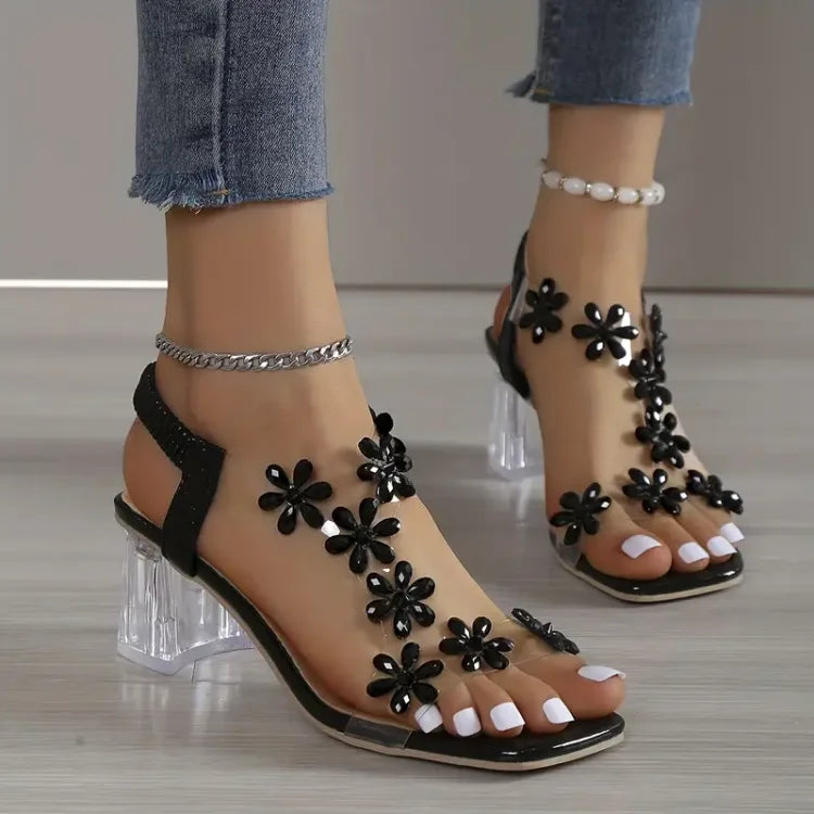 Sandales à Talons Transparentes avec Fleurs pour Été