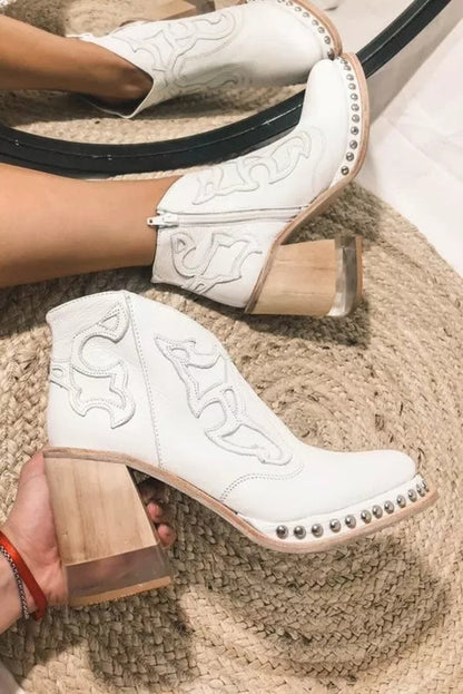 Bottines Western Nude à Talons Bloc et Noyer