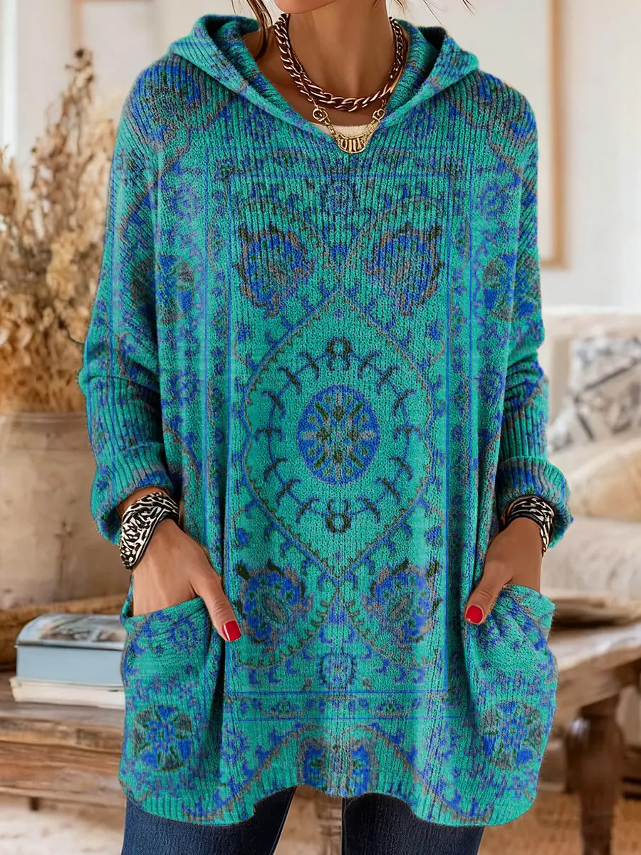 Tunique Femme Tricot Capuche Style Rétro Coupe Ample Poches