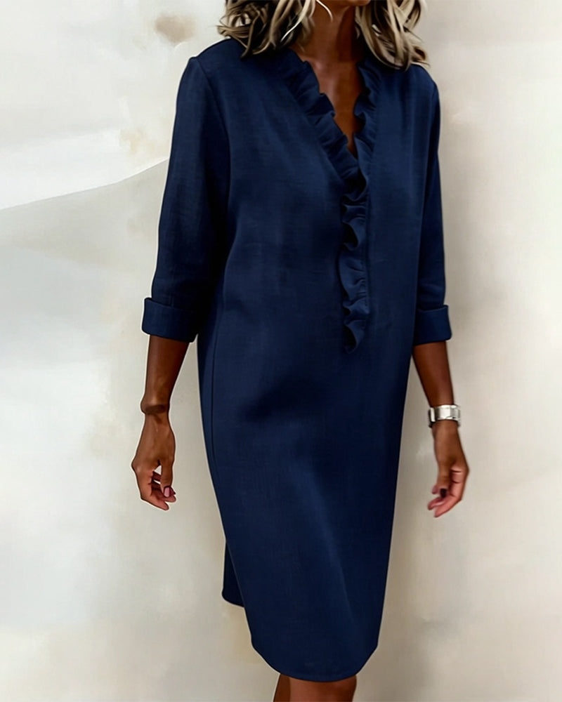Robe Femme Col en V Volants Coupe Droite Décontractée