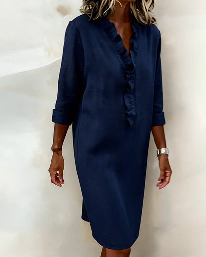 Robe Femme Col en V Volants Coupe Droite Décontractée