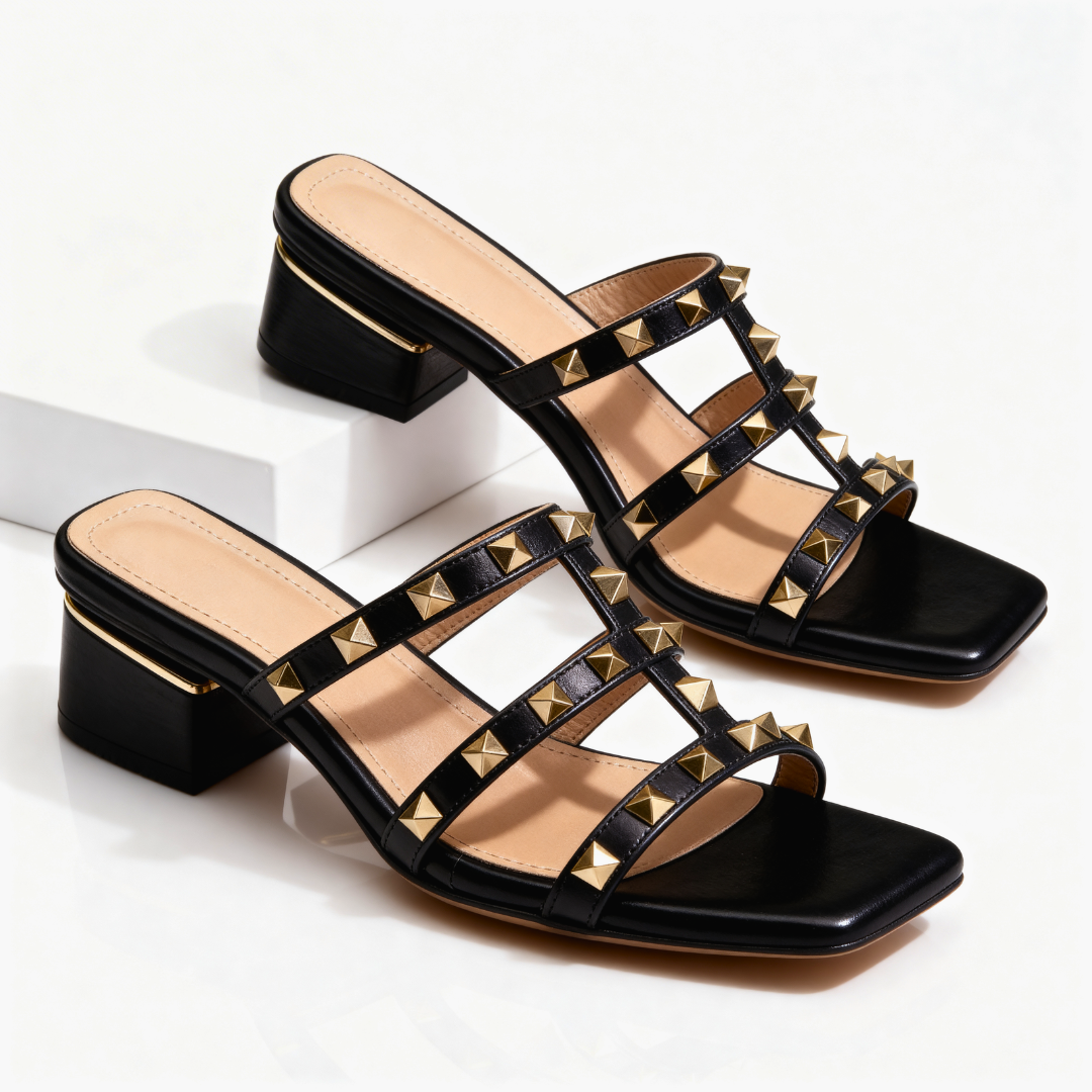 Sandales Femme Talon Bloc Bout Carré Cloutées Style Moderne