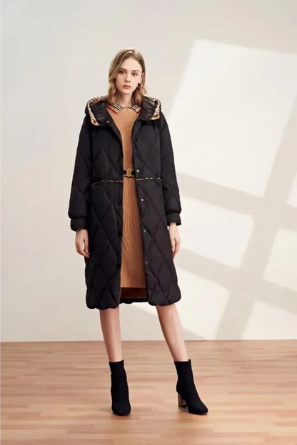Manteau femme long à capuche avec doublure chauffante