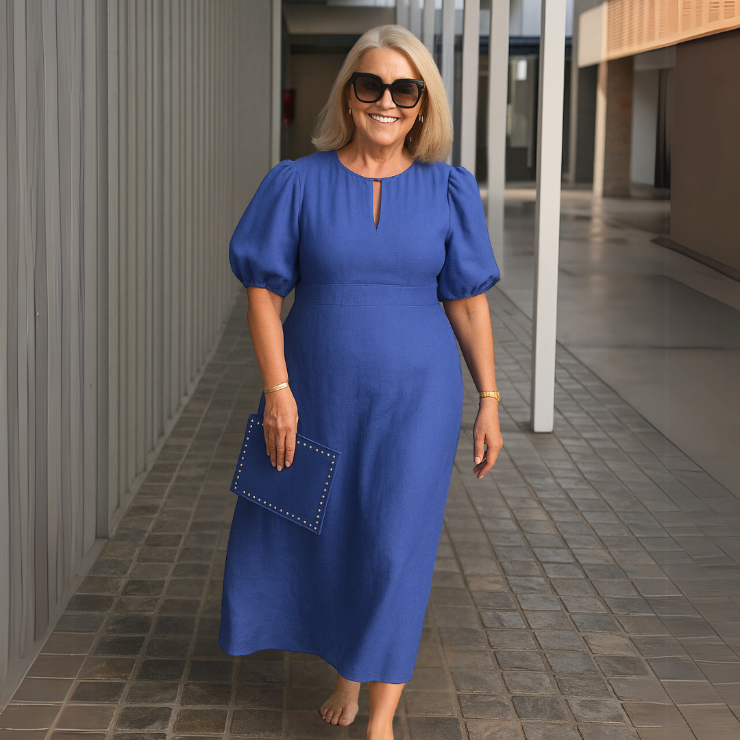 Robe Midi Femme Col en V Manches Bouffantes Fluide