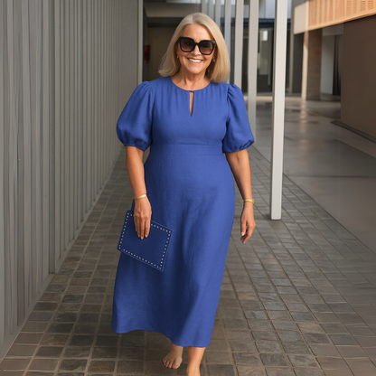 Robe Midi Femme Col en V Manches Bouffantes Fluide
