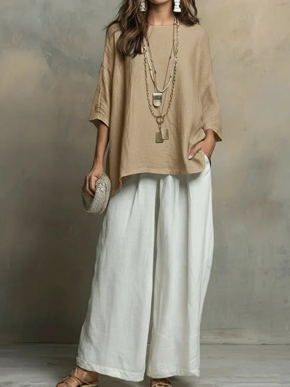 Ensemble Femme Lin Deux Pièces Coupe Ample Style Décontracté