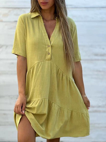 Robe Courte Femme Lin Coton Coupe Ample Col V Boutonnée