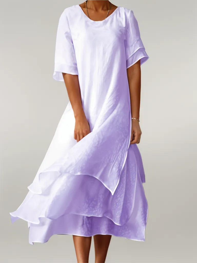 Robe Longue Femme Coton Fluide Col Rond Manches Courtes