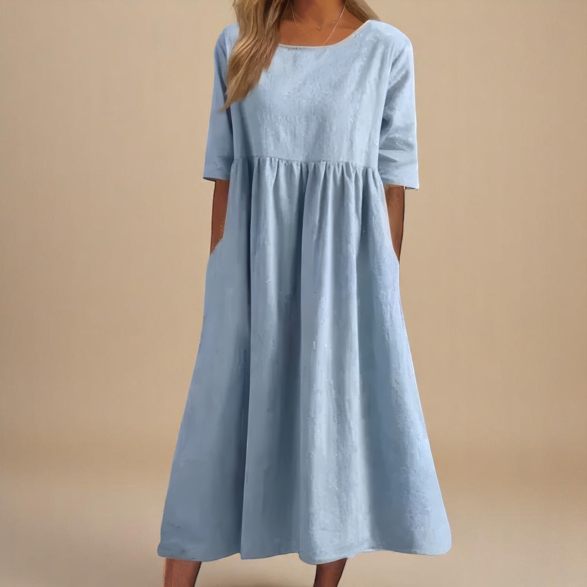 Robe Longue Femme Coton Coupe Ample Col Rond Poches