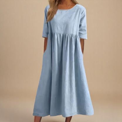 Robe Longue Femme Coton Coupe Ample Col Rond Poches