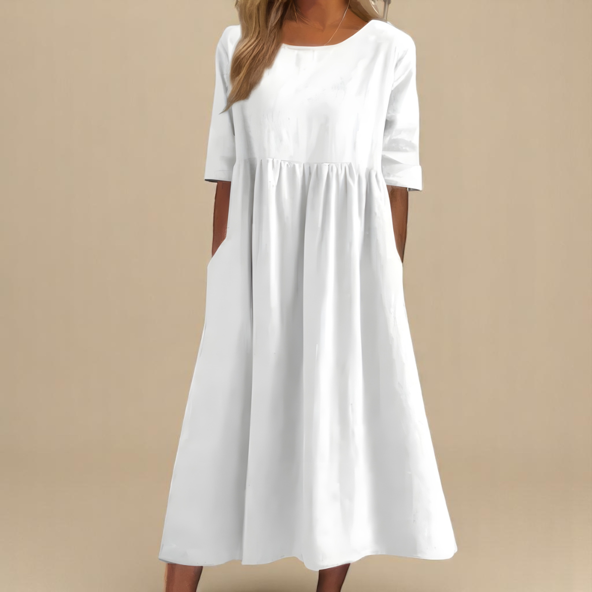 Robe Longue Femme Coton Coupe Ample Col Rond Poches