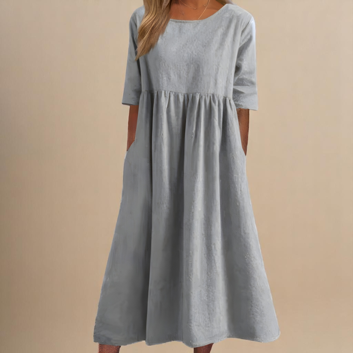 Robe Longue Femme Coton Coupe Ample Col Rond Poches