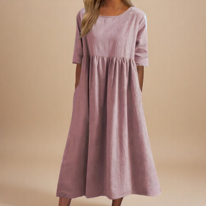 Robe Longue Femme Coton Coupe Ample Col Rond Poches