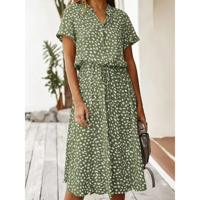 Robe Midi Fleuri Été avec Manches Courtes et Boutons