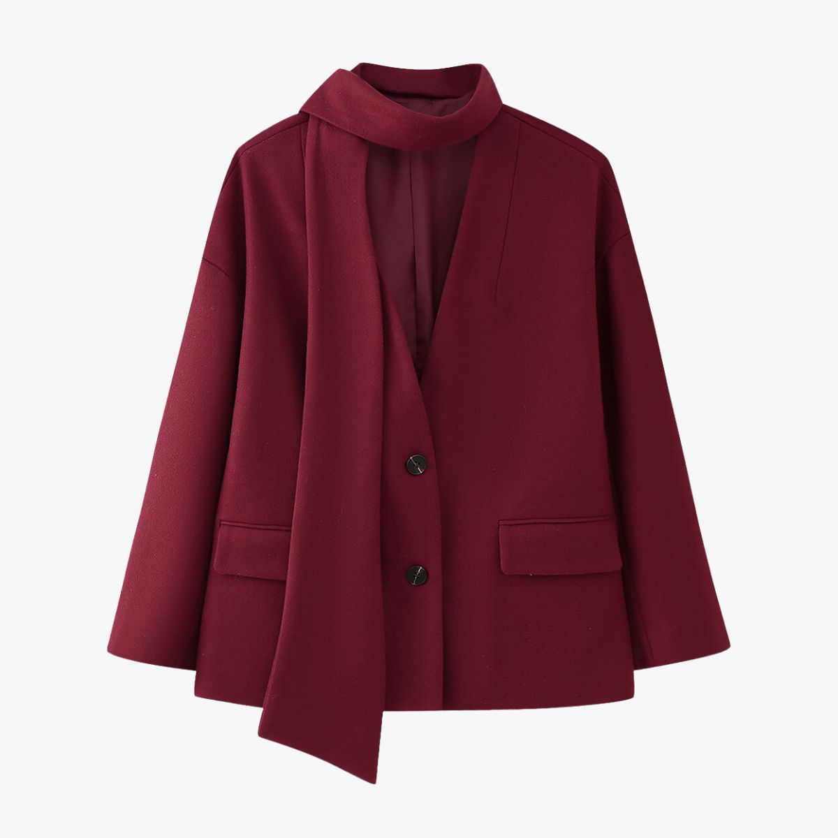Manteau Court Bordeaux Élégant avec Détail Écharpe - BerlinGlamour