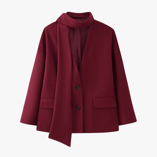 Manteau Court Bordeaux Élégant avec Détail Écharpe - BerlinGlamour