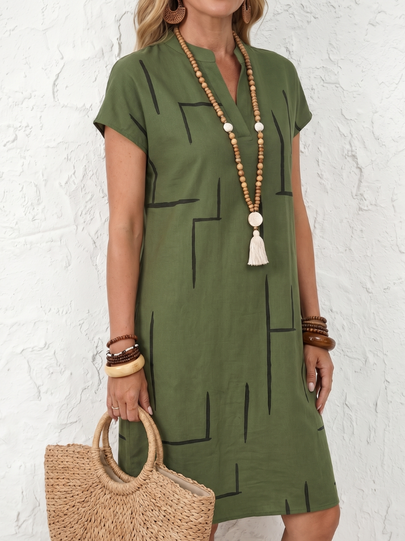Robe Midi Femme Coton Lin Manches Courtes Coupe Décontractée