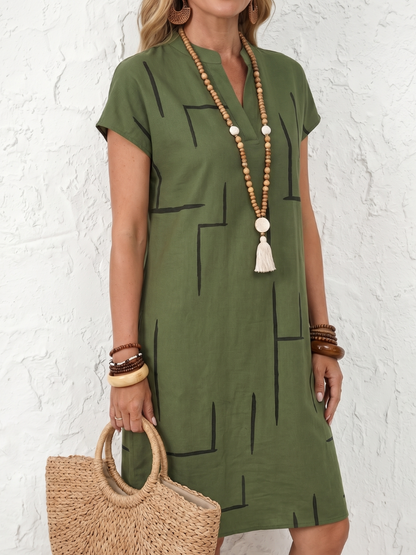 Robe Midi Femme Coton Lin Manches Courtes Coupe Décontractée