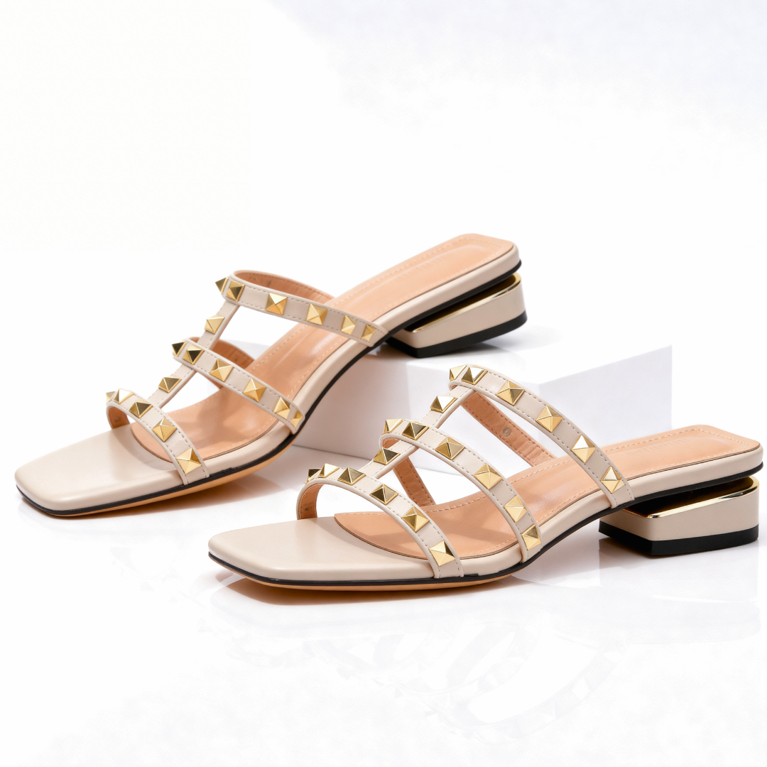 Sandales Femme Talon Bloc Bout Carré Cloutées Style Moderne