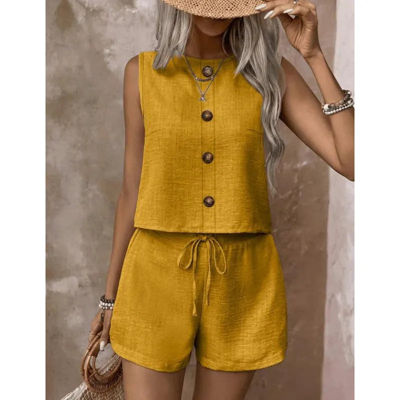 Ensemble Femme Sans Manches Boutonné et Short Ajustable