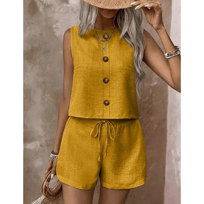Ensemble Femme Sans Manches Boutonné et Short Ajustable
