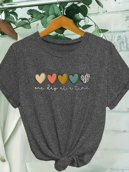T-Shirt Femme Manches Courtes Imprimé Cœurs ColorésDécontracté