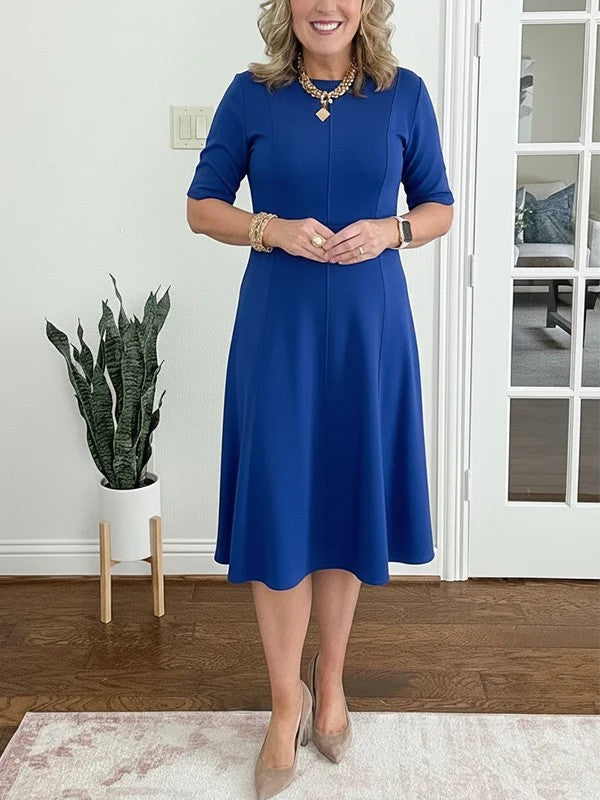 Robe Midi Femme Coupe Évasée Col Rond Manches Courtes - PanierRoyale