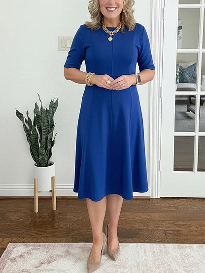 Robe Midi Femme Coupe Évasée Col Rond Manches Courtes - PanierRoyale