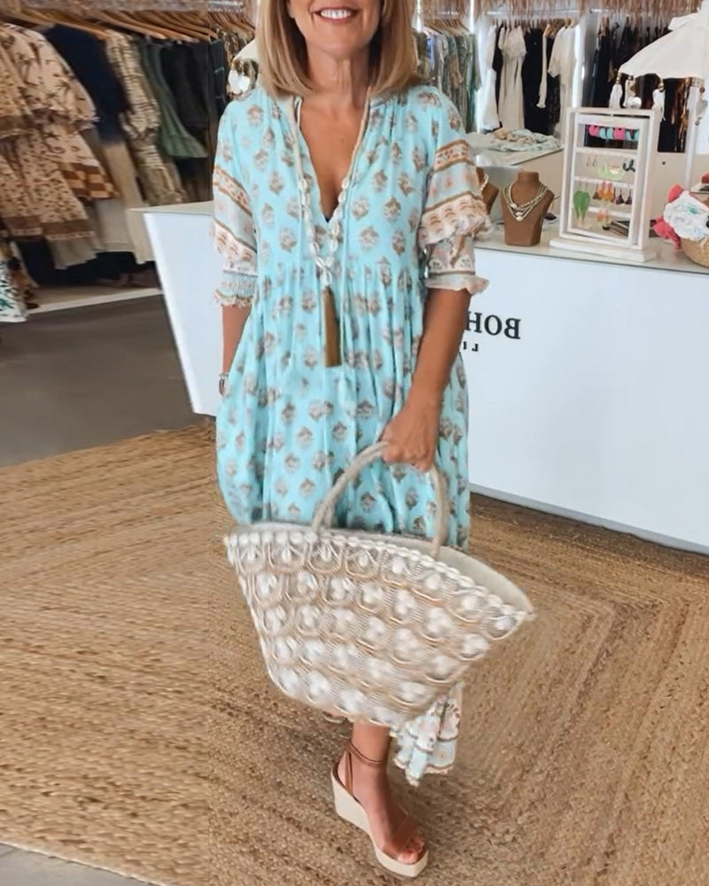 Robe midi Femme Fluide Imprimée Col en V Manches Lanterne Ample - PanierRoyale