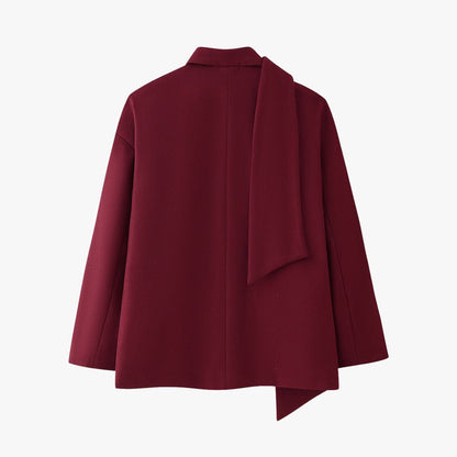 Manteau Court Bordeaux Élégant avec Détail Écharpe