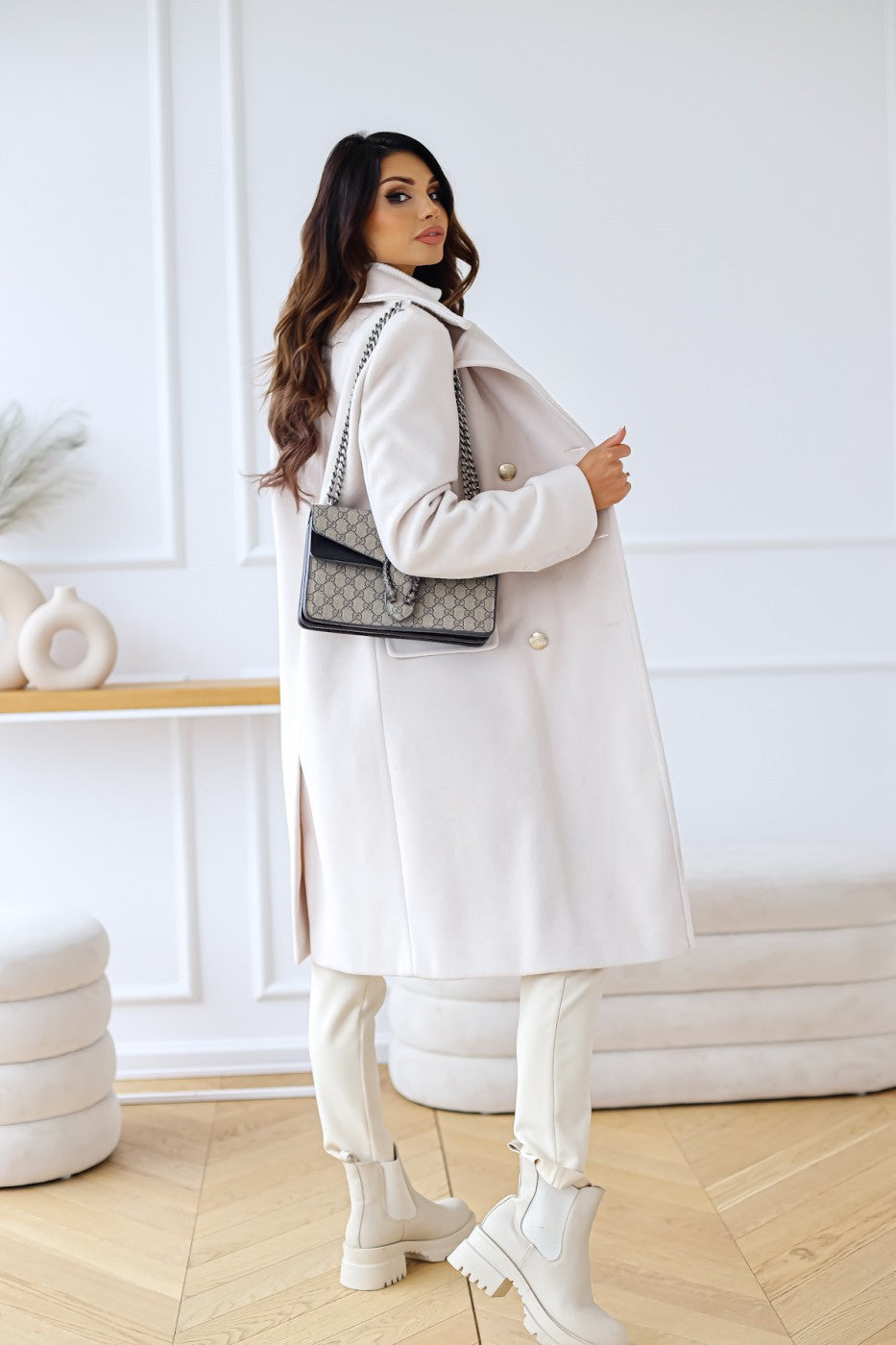 Manteau Long Femme Laine Mélangée Boutons Coupe Élégante