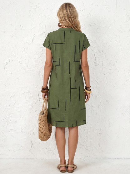 Robe Midi Femme Coton Lin Manches Courtes Coupe Décontractée