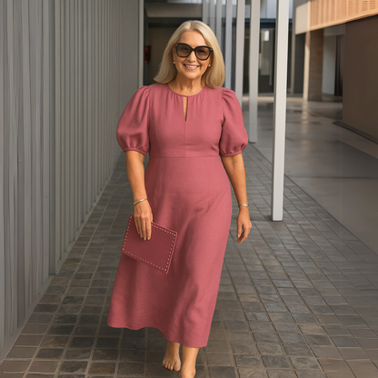 Robe Midi Femme Col en V Manches Bouffantes Fluide