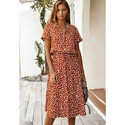 Robe Midi Fleuri Été avec Manches Courtes et Boutons