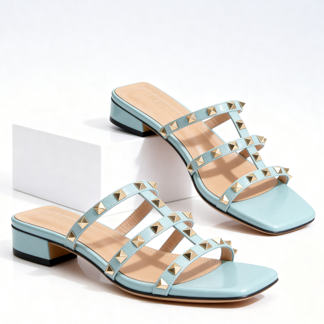 Sandales Femme Talon Bloc Bout Carré Cloutées Style Moderne