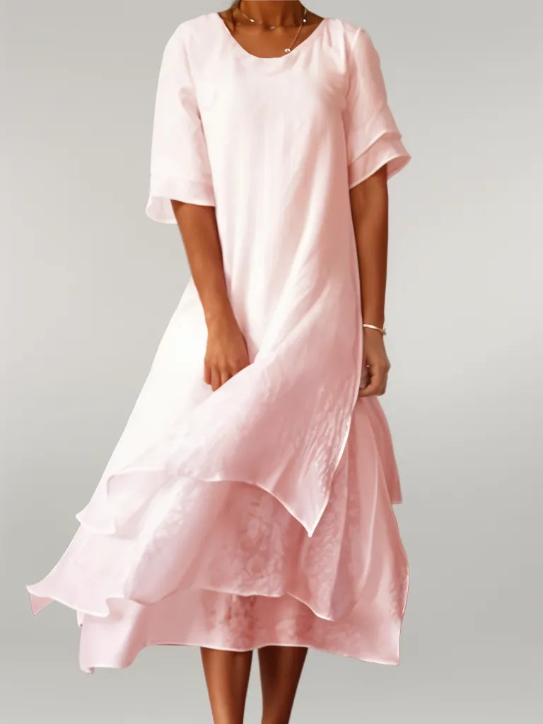 Robe Longue Femme Coton Fluide Col Rond Manches Courtes - PanierRoyale
