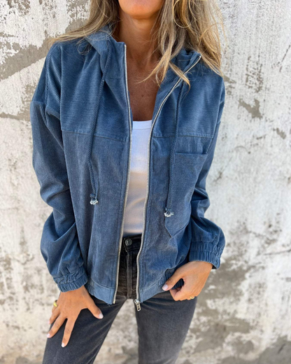 Veste Femme Velours Côtelé Zippée à Capuche Confortable