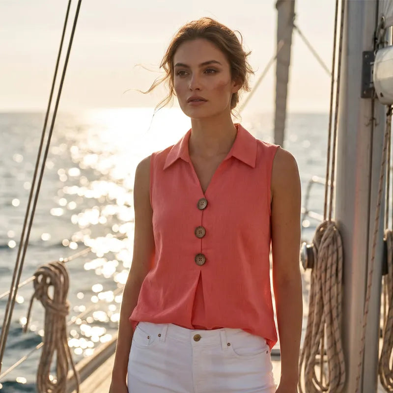 Chemise sans manches femme Coton Boutons décoratifs